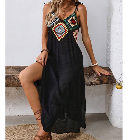 Boho Crochet Semi Sheer Shoulder Tie Split Hem Dress - Picture 5 of 5